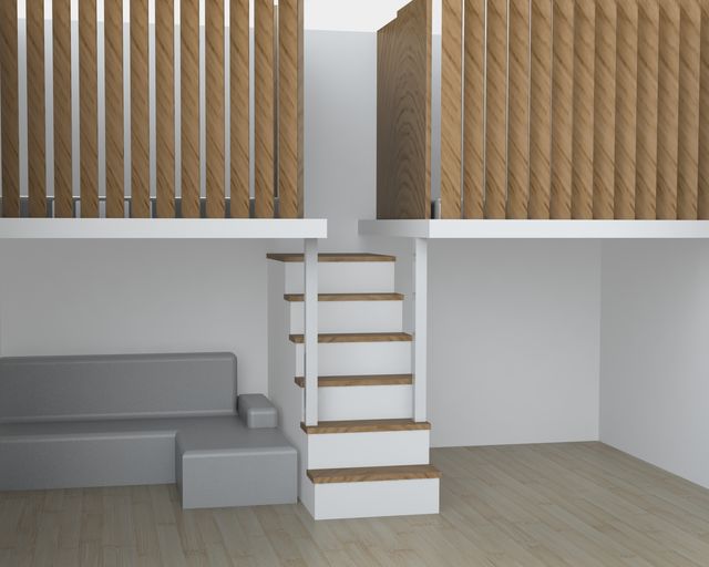 Belső galéria lépcsővel és lécburkolattal